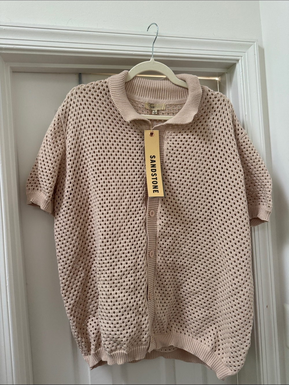 Sandstone Open Knit Short Sleeve Cardigan in Light Beige